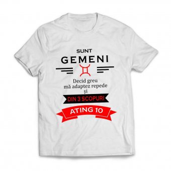 Tricou Personalizat - Sunt Gemeni decid greu ma adaptez repede si din 3 scopuri ating 10